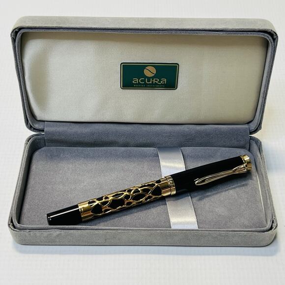 Acura Writing Instrument Pen Ornate Gold And Black Design With Case - Picture 1 of 10